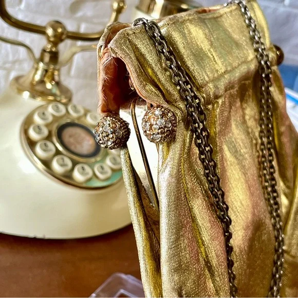 Vintage 1940s 50s Metallic Gold Fabric Slouch Bag Rhinestone Gold Tone Clasps - Picture 6 of 14